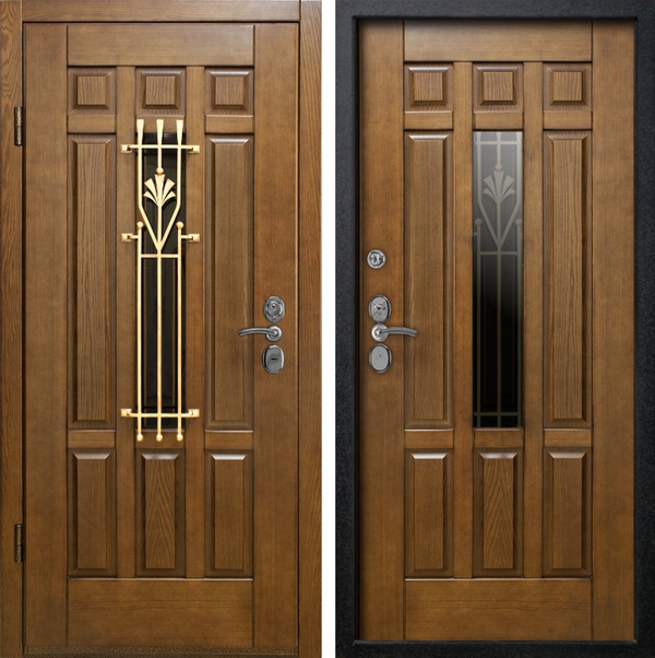 Дверь массив дуба со стеклом и коваными элементами и массив дуба с зеркалом Дверь массив дуба со стеклом и коваными элементами и массив дуба с зеркалом